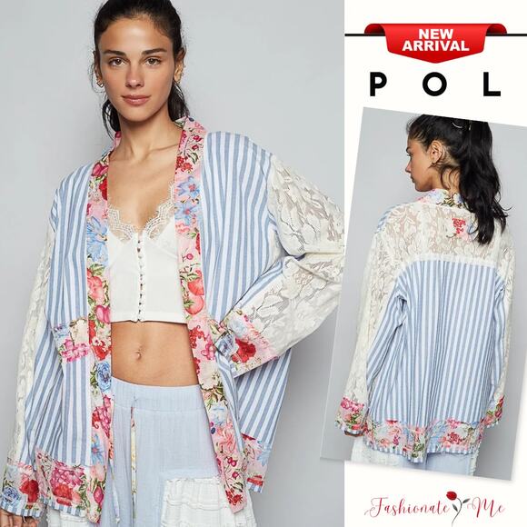 POL Lace Long Sleeves Striped Floral Patchwork Open Front Cardigan | Light Blue - Picture 1 of 5
